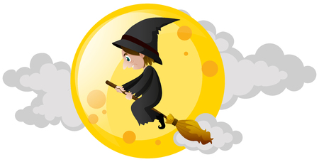 Witch flying on broom over the moon illustrationのイラスト素材