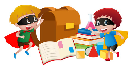 Two boys in hero costume reading books illustrationのイラスト素材