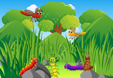 Caterpillars and dragonflies in garden illustrationのイラスト素材