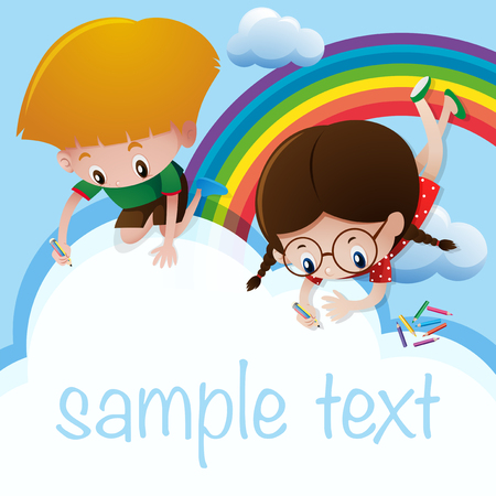 Sample text template with kids on clouds illustrationのイラスト素材