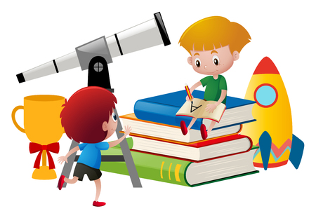 Two boys writing and looking at telescope illustrationのイラスト素材