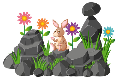 Cute rabbit sitting on rocks illustrationのイラスト素材