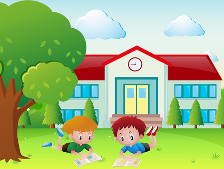 Two boys reading book in the school yard illustrationのイラスト素材