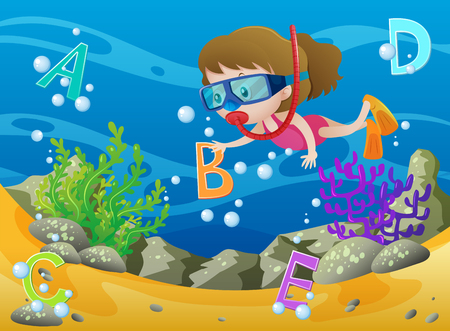 Girl diving underwater with english alphabets illustrationのイラスト素材