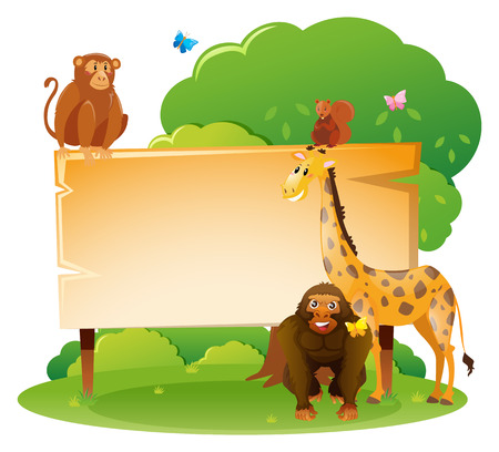 Wooden sign template with wild animals illustrationのイラスト素材