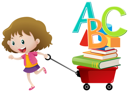 Little girl pulling red wagon illustrationのイラスト素材