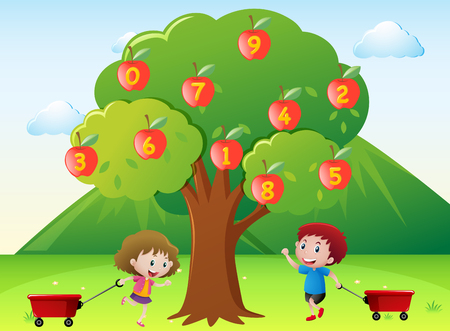 Happy kids and numbers on apple tree illustrationのイラスト素材