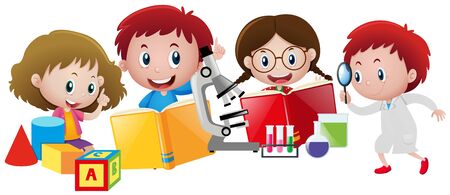 Kids and different school materials illustrationのイラスト素材