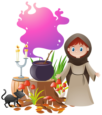 Woman and magic brew in pot illustrationのイラスト素材