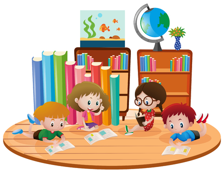 Four kids learning in classroom illustrationのイラスト素材