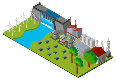 Dam and power station in 3D design illustrationのイラスト素材
