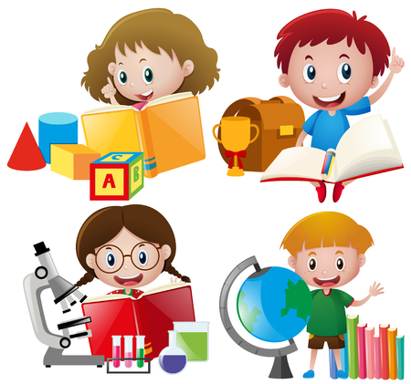 Boy and girl with school equipments illustrationのイラスト素材