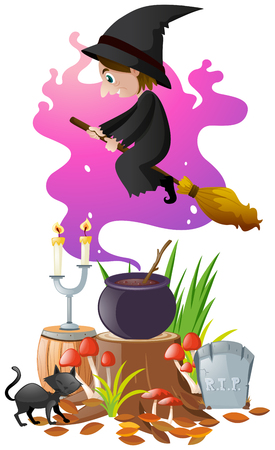 Witch with magic broom and brew illustrationのイラスト素材
