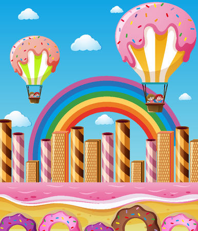 Scene with children flying in candy balloons illustrationのイラスト素材