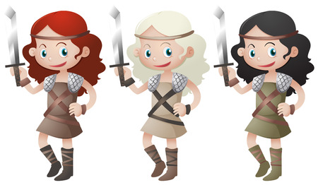 Three female warriors holding swords illustrationのイラスト素材