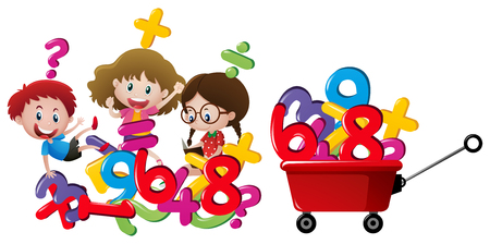 Kids and numbers in red wagon illustrationのイラスト素材