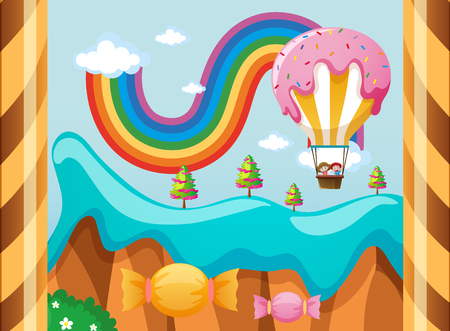 Fantacy world with candy balloon over the rainbow illustrationのイラスト素材