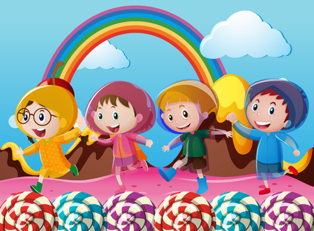 Happy children running in wonderland illustrationのイラスト素材