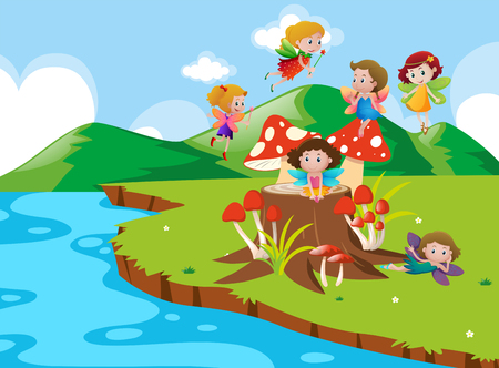 Fairies flying in the park by the river illustrationのイラスト素材