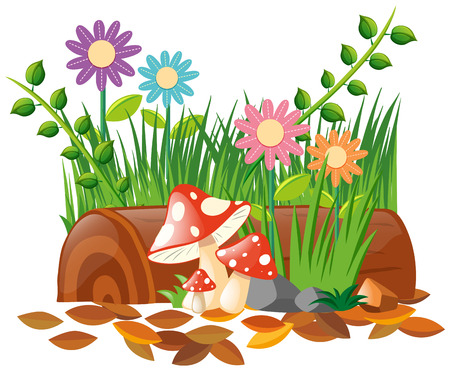 Mushroom and flowers in garden illustrationのイラスト素材