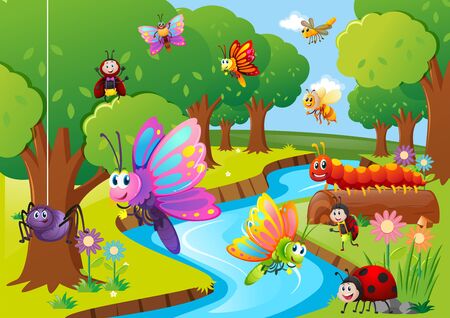 Different insects flying over the river illustrationのイラスト素材