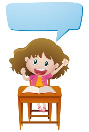 Little girl in desk and speech bubble illustrationのイラスト素材