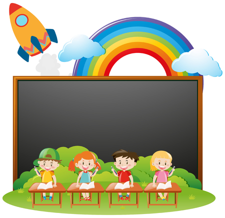 Board template with kids in classroom illustrationのイラスト素材