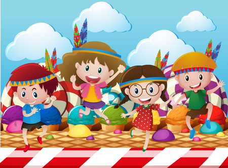 Children playing indians in candy world illustrationのイラスト素材