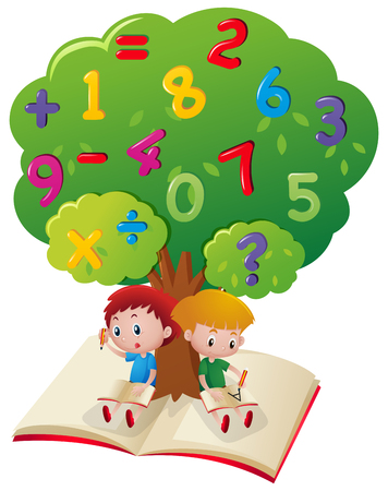 Two boys studying math under tree illustrationのイラスト素材