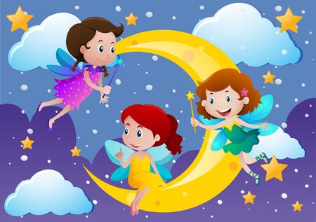 Three fairies flying over the moon illustrationのイラスト素材
