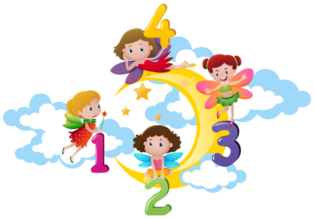 Four fairies counting numbers on the moon illustrationのイラスト素材
