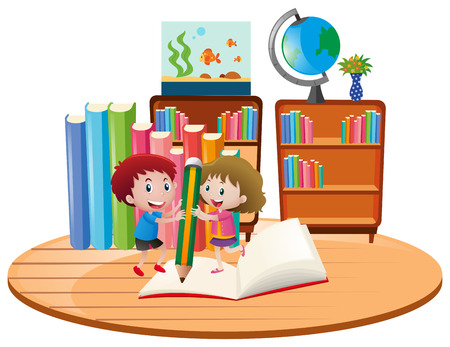 Educational theme with kids writing on book illustrationのイラスト素材