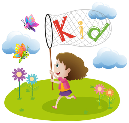 Little girl catching butterfly in garden illustrationのイラスト素材