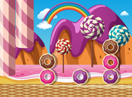 Scene with donuts and lollipops by the beach illustrationのイラスト素材