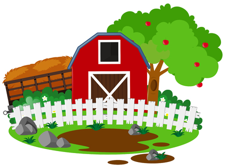 Farm scene with barn and apple tree illustrationのイラスト素材