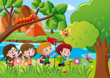 Kids hiking along the river illustrationのイラスト素材
