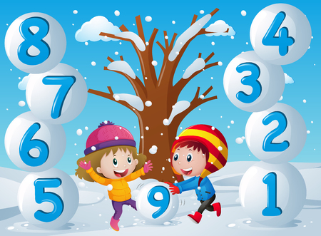 Winter background with kids and numbers illustrationのイラスト素材