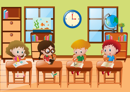 Four students learning at school illustrationのイラスト素材