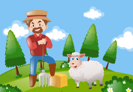 Farmer and sheep on the farm illustrationのイラスト素材
