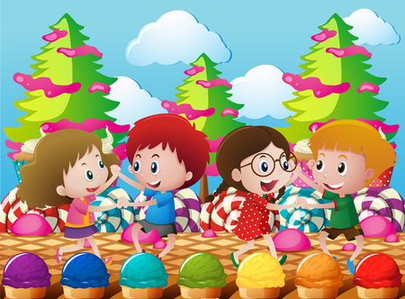 Kids dancing in the candyland illustrationのイラスト素材