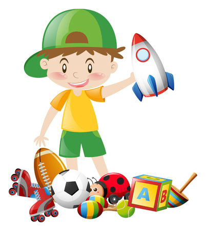 Little boy and many toys illustrationのイラスト素材