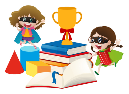 Two girls in hero costume with books illustrationのイラスト素材