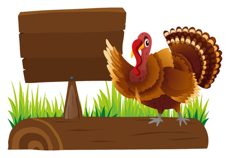 Wooden sign template and turkey on log illustrationのイラスト素材