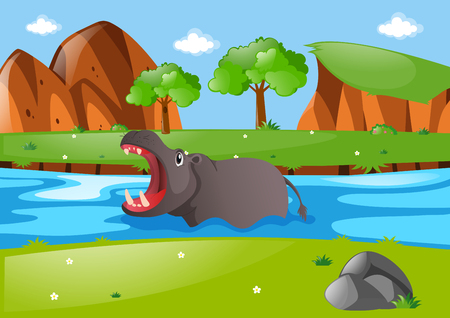 Hippo swimming in the river illustrationのイラスト素材