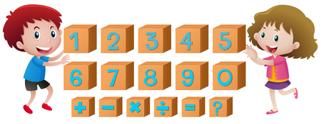 Numbers on cubes and happy kids in background illustrationのイラスト素材