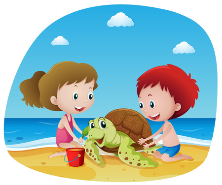 Children and sea turtle on the beach illustrationのイラスト素材