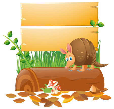Wooden sign template and armadillo on log illustrationのイラスト素材