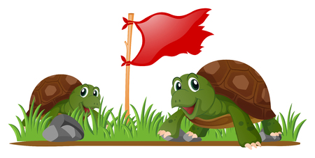 Turtles and red flag in garden illustrationのイラスト素材