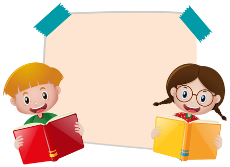 Paper template with boy and girl reading book illustrationのイラスト素材