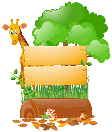 Wooden sign template and giraffe in forest illustrationのイラスト素材